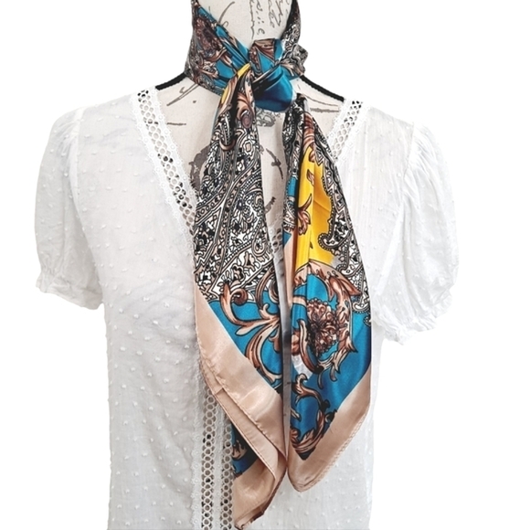 💖 2/$30 Square Satin oversized boho Floral blue paisley Old Money hair Scarf - Picture 9 of 16